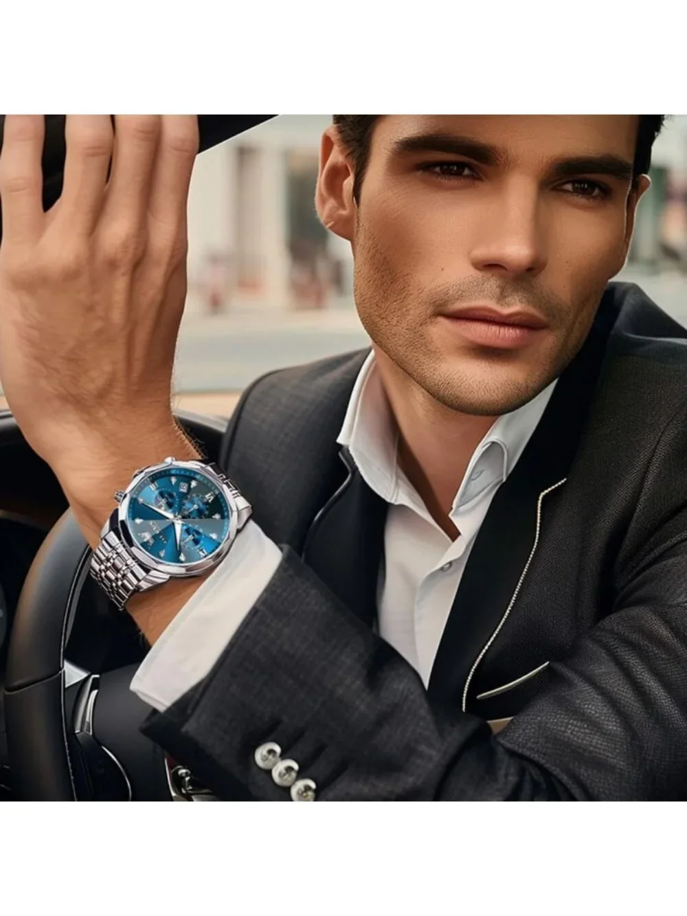 Luxury Stainless Steel Men's Watch - Diamond Chronograph, Multifunction, Date